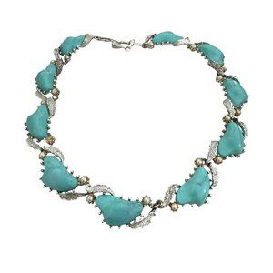 Coro Faux Turquoise Nuggets Faux Pearl Beads Choker Necklace Silver Tone Vintage